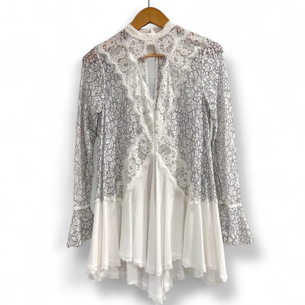 Free People Tell Tale Lace Tunic Mini Dress Ivory Black XS Boho Lace​ - Picture 2 of 7